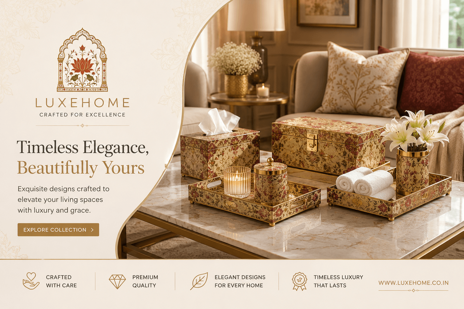 LuxeHome — Timeless Elegance, Beautifully Yours. Trays, boxes and tissue holders styled in a luxury living room. Explore the collection.