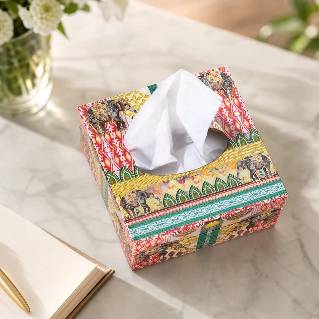 Multi Elephant Small Square Printed Tissue Holder With Magnet 1