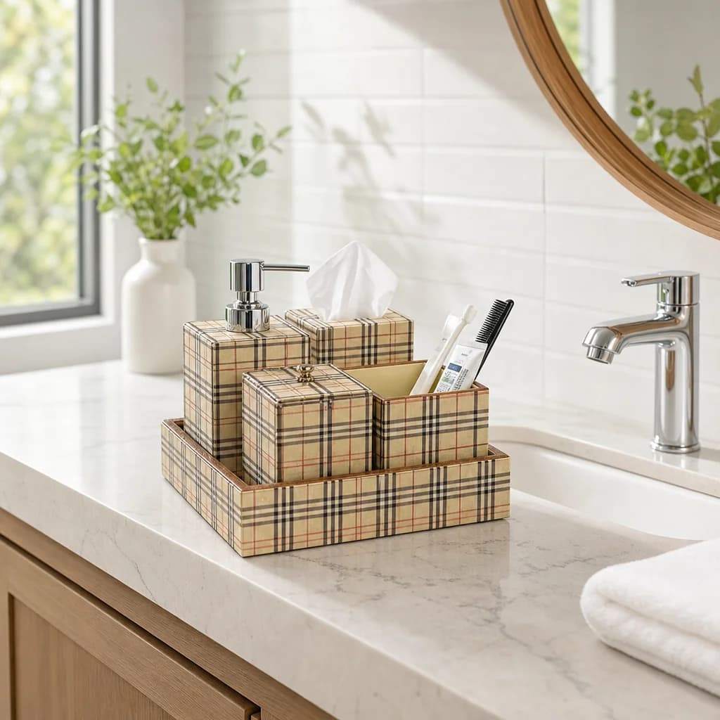 Cream Checks Bath Set Of 5 1