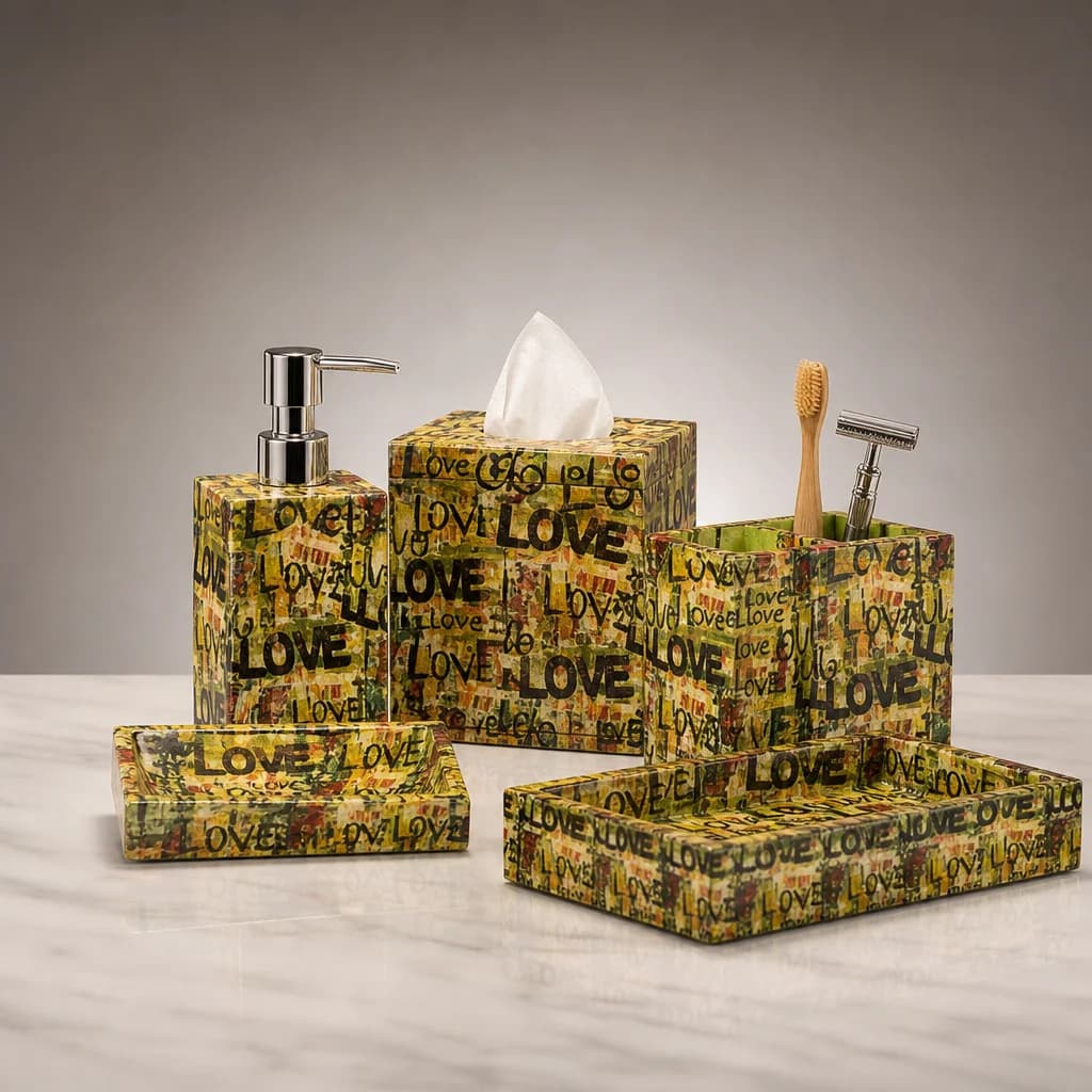 Multicolored Love Printed Bath Set Of 5 1