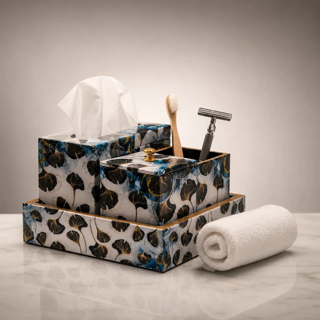 White Ginkgo Leaf Printed Bath Set Of 5 1