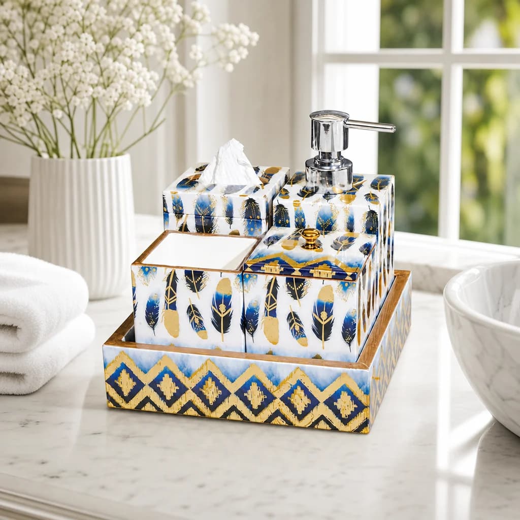 White Feather Printed Bath Set Of 5 1