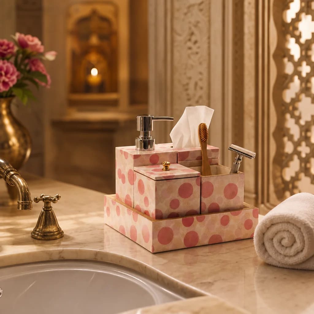 Pink Polka Dots Printed Bath Set Of 5 1