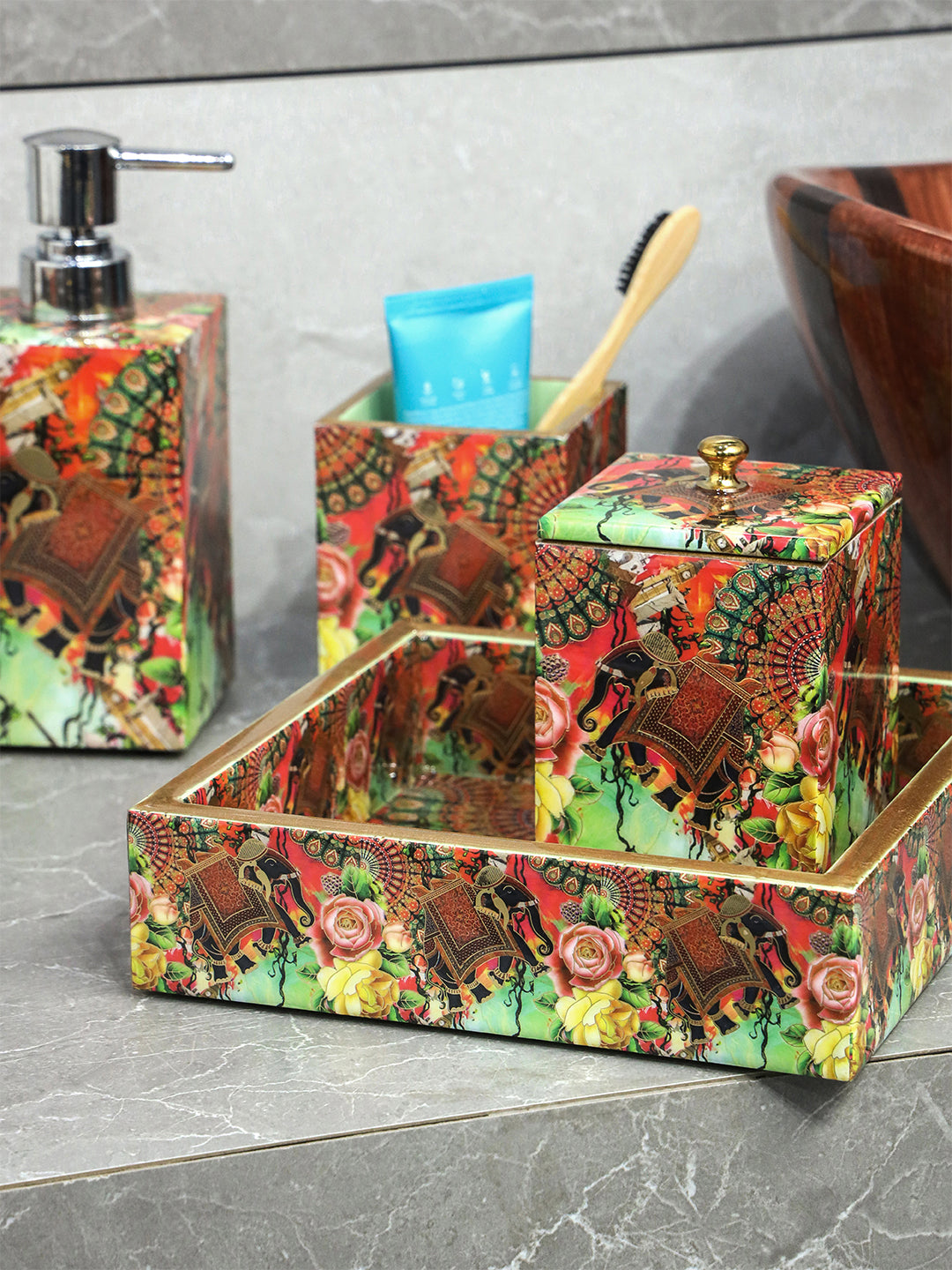 Multi Elephant Flower Printed Toiletry Combo Set Of 5