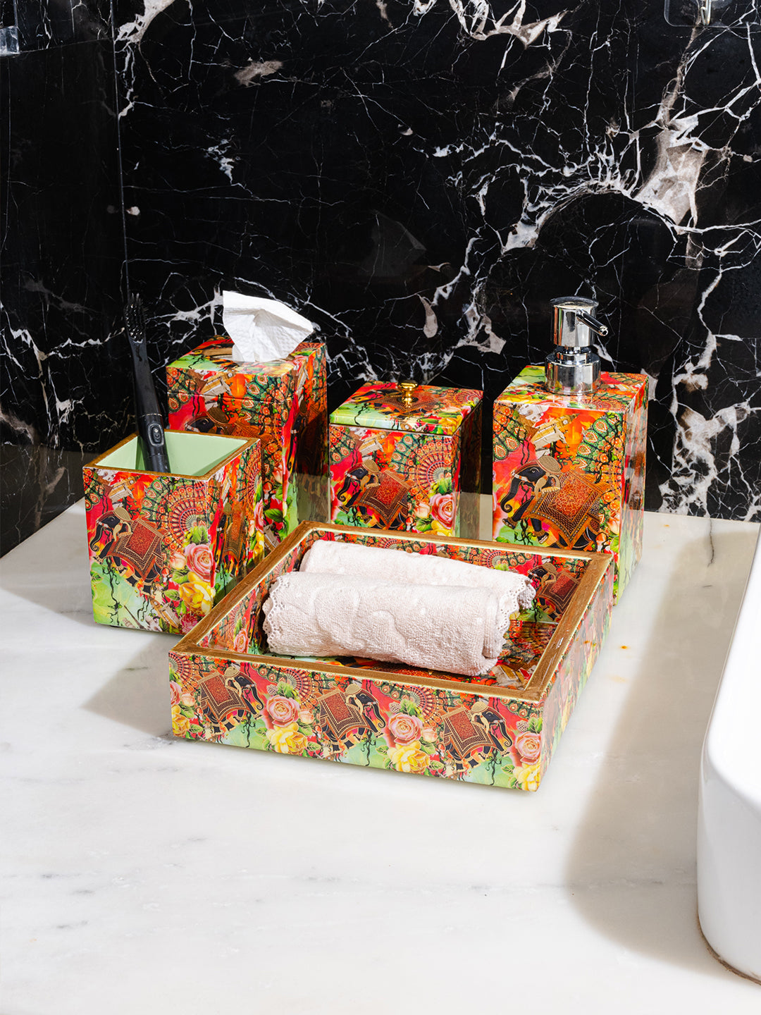 Multi Elephant Flower Printed Toiletry Combo Set Of 5