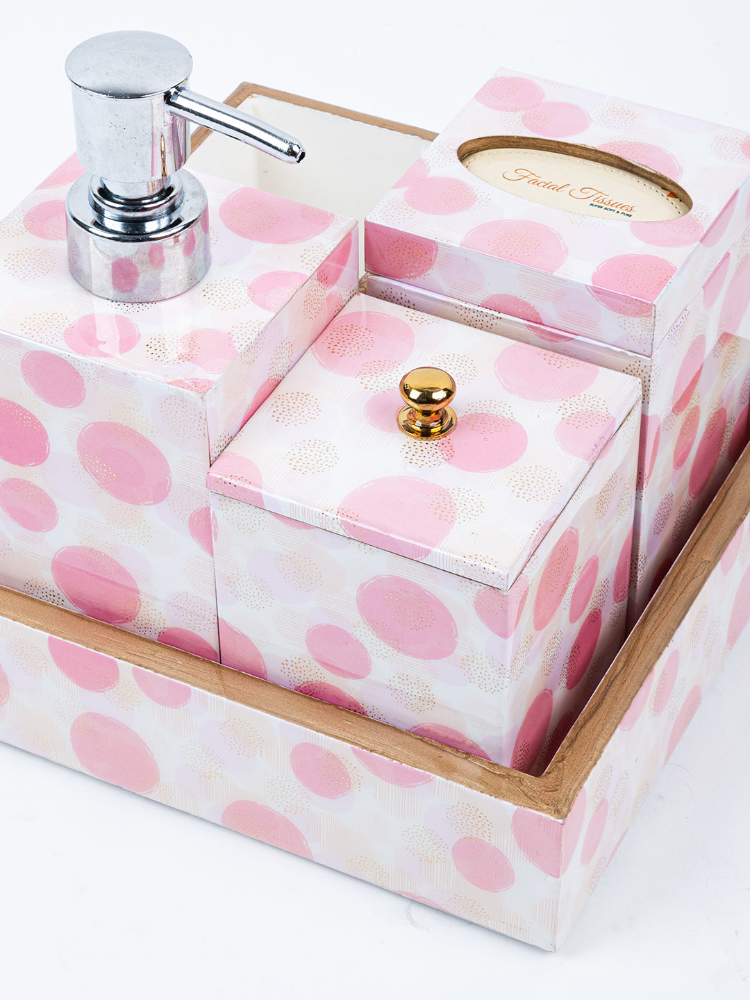 Pink Polka Dots Printed Bath Set Of 5