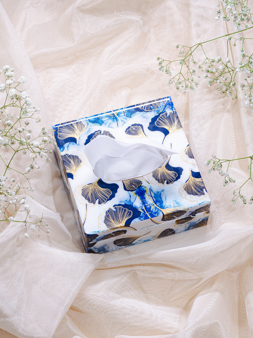 White Gingko Leaf Printed Tissue Holder With Magnet