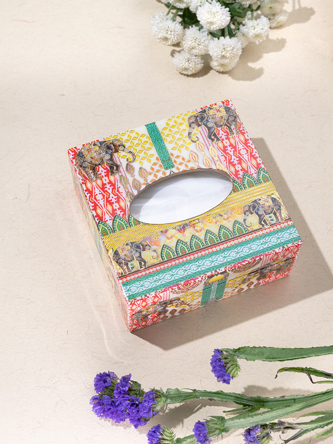 Multi Elephant Small Square Printed Tissue Holder With Magnet