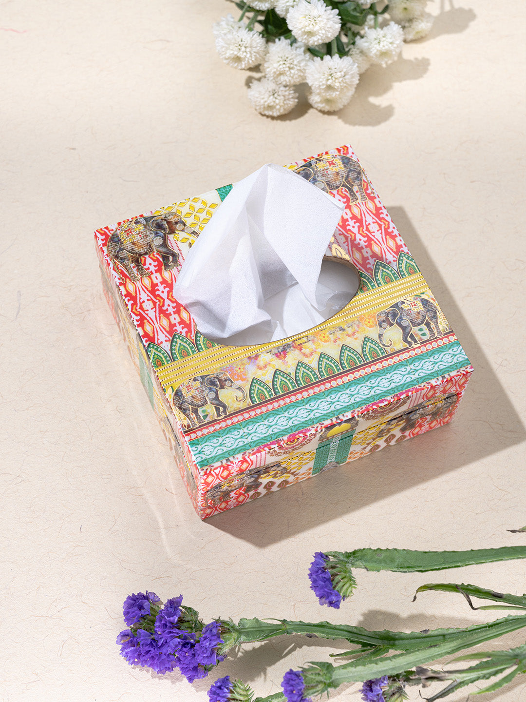 Multi Elephant Small Square Printed Tissue Holder With Magnet