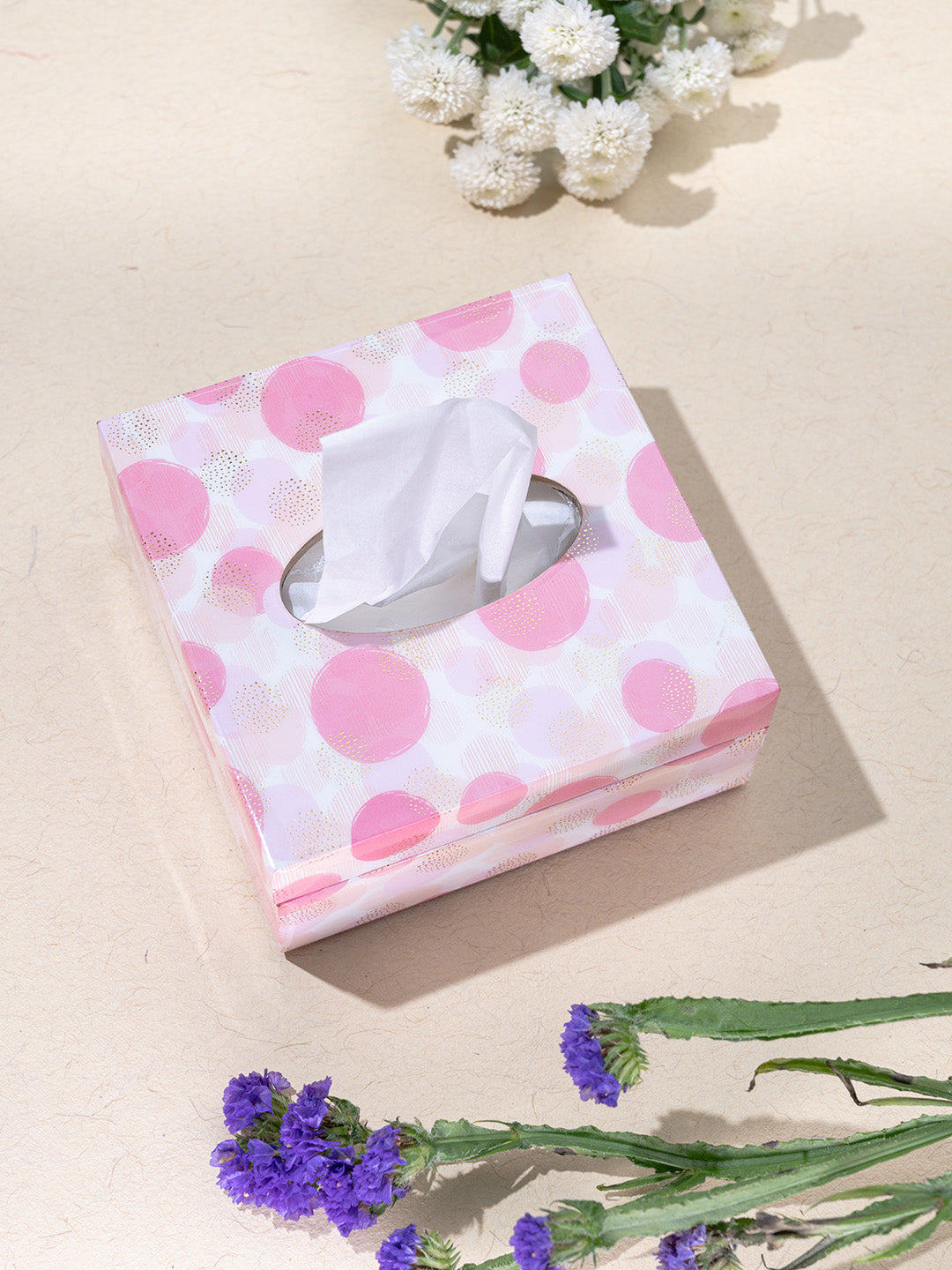 Pink Polka Dots Printed Small Square Tissue Holder With Magnet